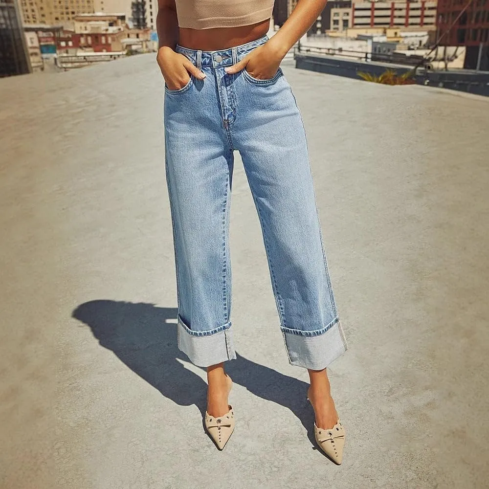 Womens High Waisted Jeans Straight Leg Denim Pants Retro Elastic Jeans Distressed Trousers Street Hipster Denim Jeans
