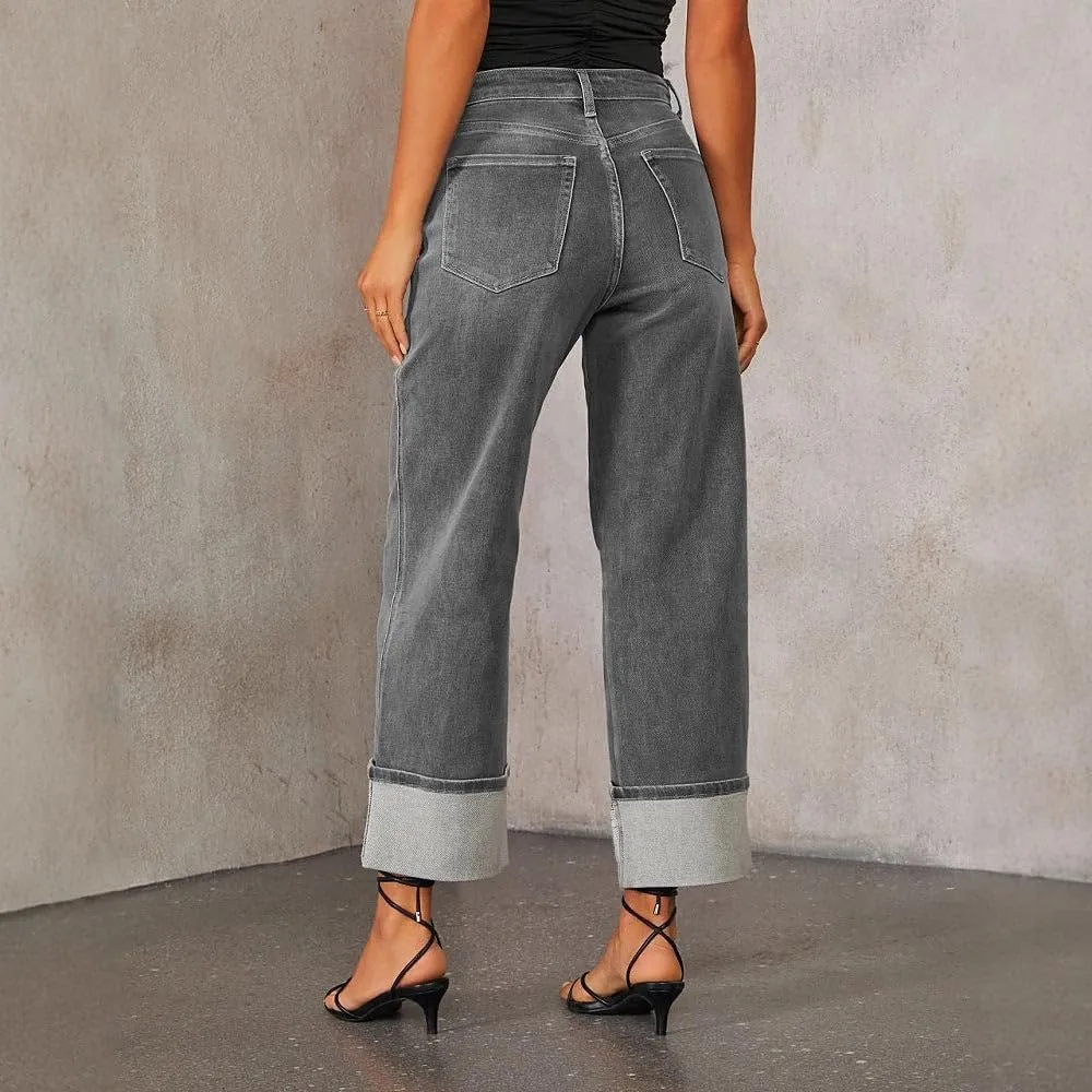 Womens High Waisted Jeans Straight Leg Denim Pants Retro Elastic Jeans Distressed Trousers Street Hipster Denim Jeans