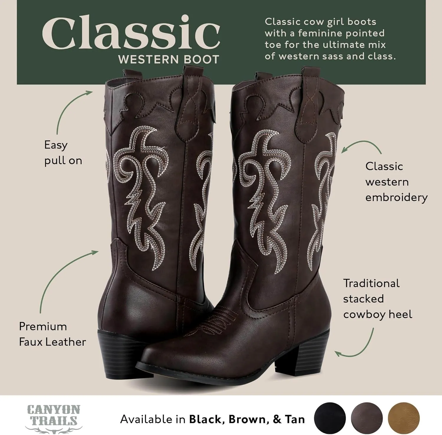 Women's Rodeo Boots - Classic Western Booties for Women & Teen Girls, Black, Mid-Calf, Faux Leather, Memory Foam Insole, Cowboy Boots