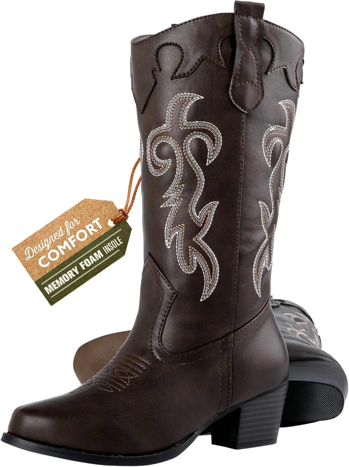 Women's Rodeo Boots - Classic Western Booties for Women & Teen Girls, Black, Mid-Calf, Faux Leather, Memory Foam Insole, Cowboy Boots